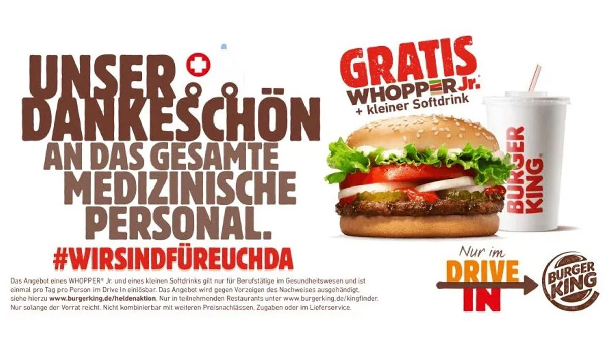 Burger King: Ein Whopper Jr und ein kleines Getränk gratis für medizinisches Personal