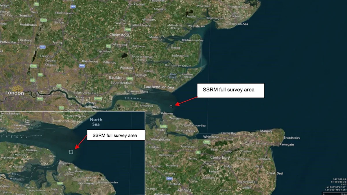 Karte der Themsemündung bei London mit dem Standort vom Wrack der SS Richard Montgomery 