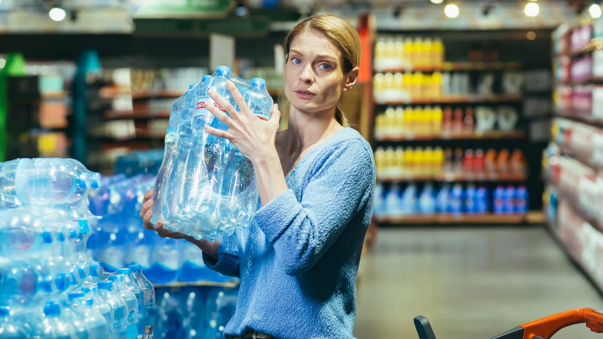 Frau nimmt eine Packung Mineralwasser im Supermarkt hoch