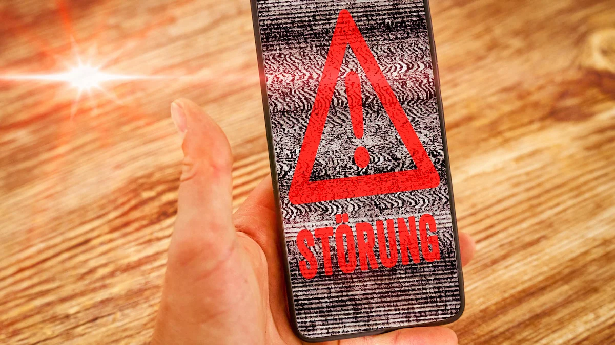 Das Wort „Störung“ erscheint zusammen mit einem Warnsignal auf einem Smartphone