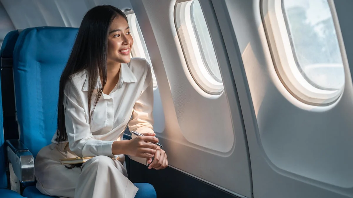 Chicken Check-in: Lächelnde junge Frau sitzt in einem bequemen Sitz an Bord eines Flugzeugs