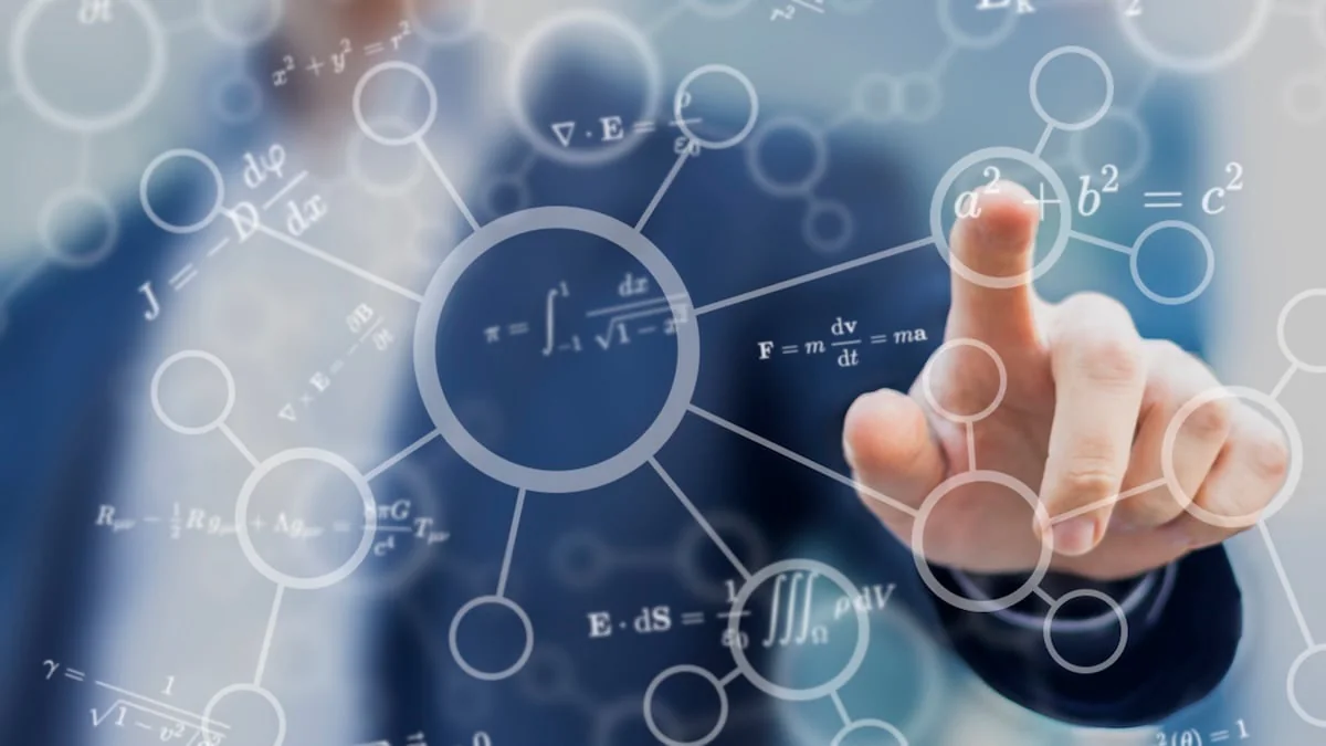 KI: Eine Person berührt Symbole mathematischer und wissenschaftlicher Konzepte