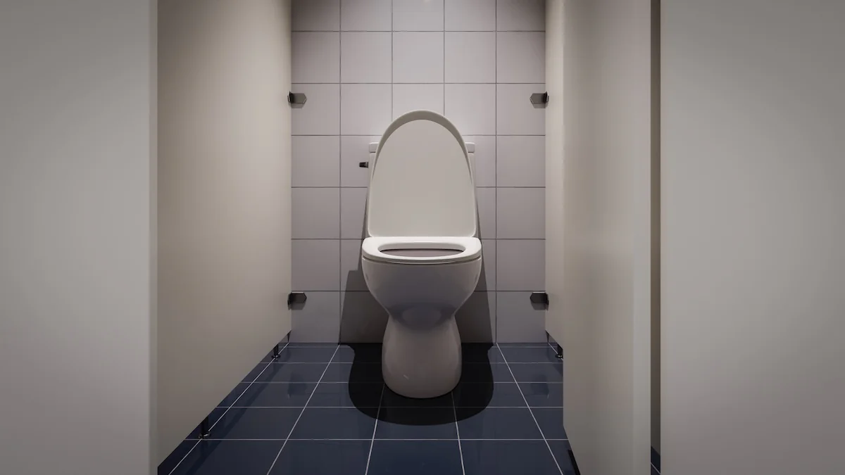 Öffentliche Toilettenkabine mit hochgeklapptem Sitz und Toilettenpapier