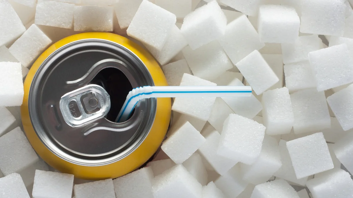 Softdrink beeinflussen Fruchtbarkeit: Getränkedose mit Strohhalm zwischen lauter Zuckerwürfeln