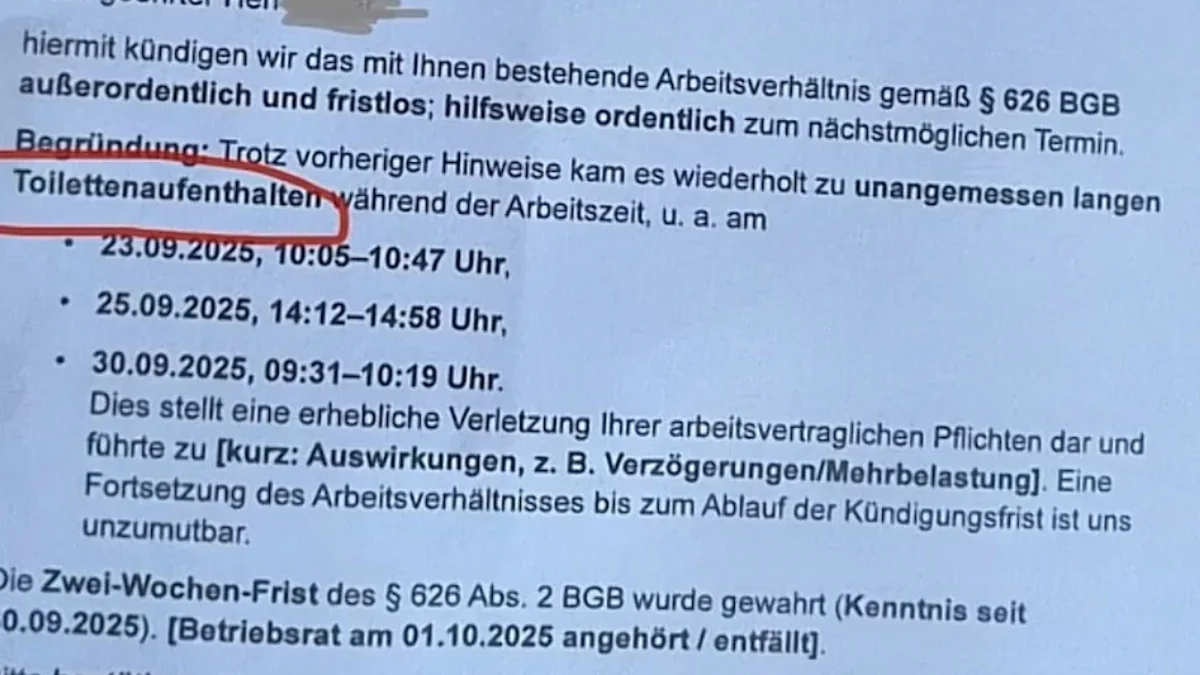 Zu langer Toilettenaufenthalt? Kündigung geht im Netz viral