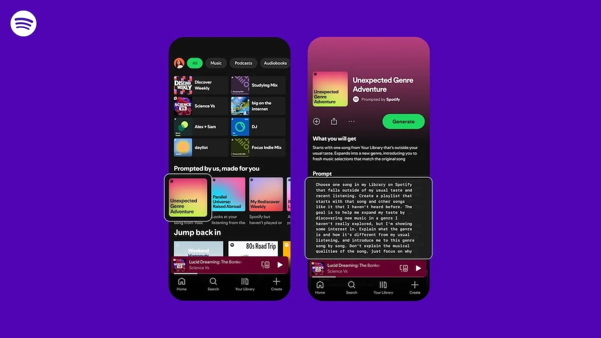 Spotify-Grafik zu Prompted Playlists zeigt zwei Screenshots der App